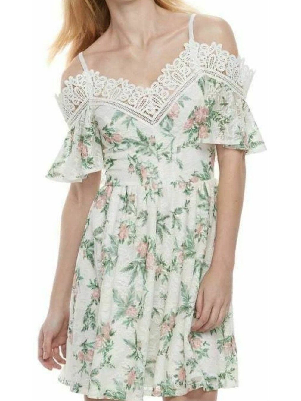 Disney Princess Dress White Green Floral Lace Mini Tinker Bell Size Medium
